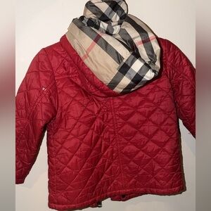 Burberry Red Quilted Kids Puffer Jacket with Checked Hood Lining